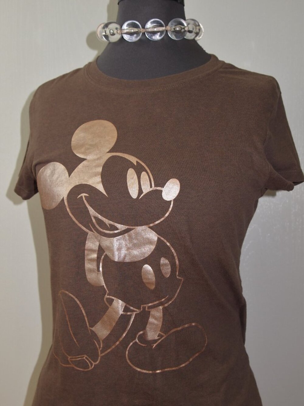 Cutest Rose Gold Metallic Mickey Mouse Disney Fitted Crewneck Tee Shirt Sz L